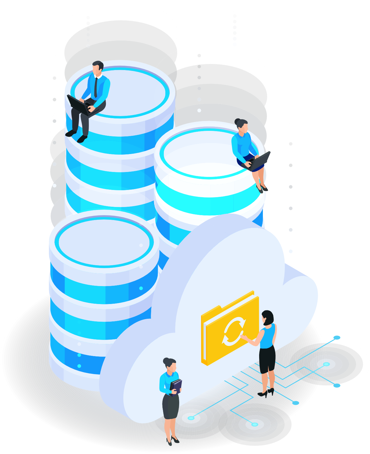 Ilustração de servidores em nuvem com pessoas simbolizando a parceria do MEUCPD com a AWS para soluções em nuvem de alta qualidade.